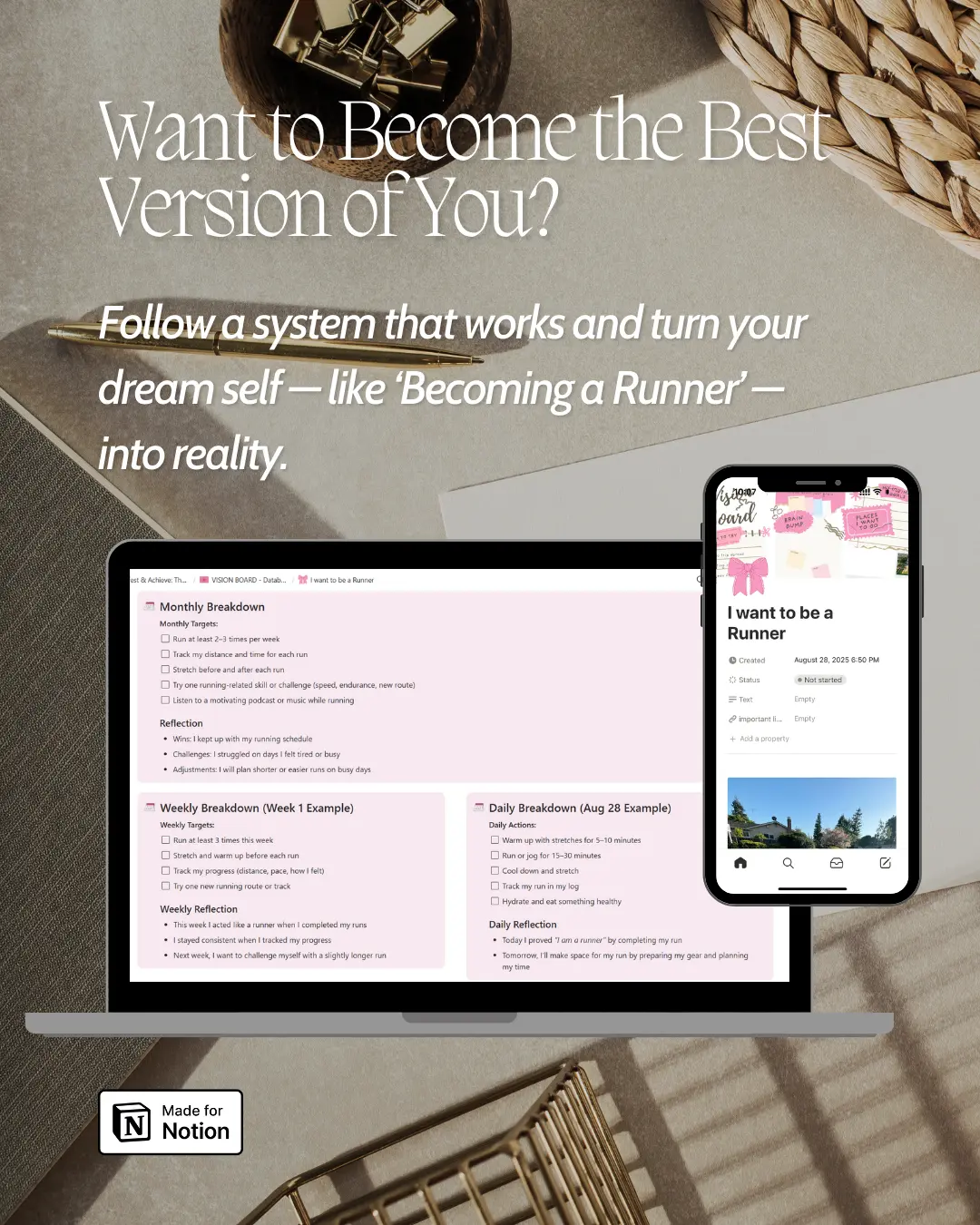 pink aesthetic mockup of a Notion template combining a vision board, daily tracker, and goal framework to manifest goals and stay organized